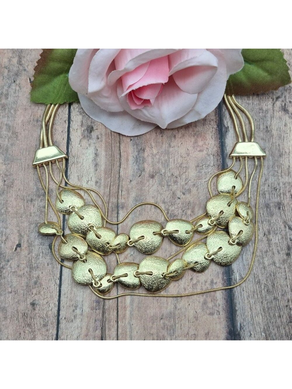 Dana Buchman Gold Tone Multi-Strand Bib Statement Necklace Textured Hammered 20"